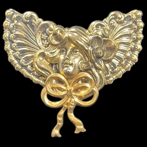Vintage estate signed Jane 1994 angel, cherub wings Elegant Gold Tone Brooch Pin - Picture 2 of 10